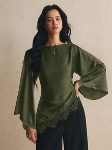 Poéselle 女款蕾絲拼接休閒百搭日常穿著襯衫 - 軍綠色 - 查看 4