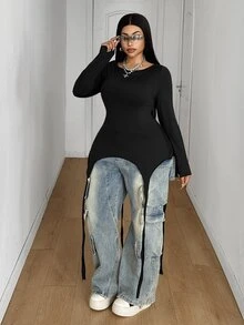 Maweii Plus Size Black Fitted Asymmetrical Hem Waist-Cinched Long Sleeve T-Shirt - Black - View 1