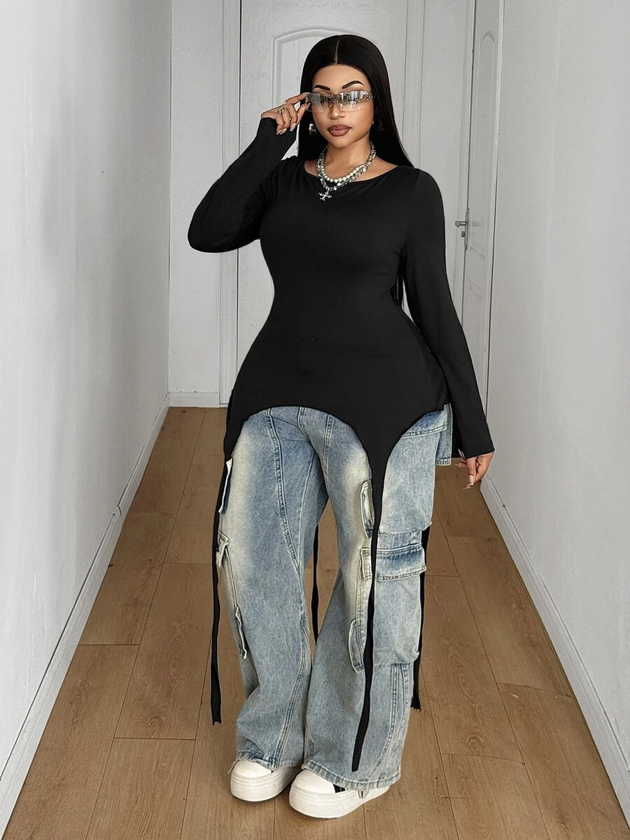 Maweii Plus Size Black Fitted Asymmetrical Hem Waist-Cinched Long Sleeve T-Shirt - Black - View 1