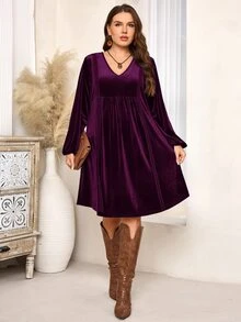 EMERY ROSE Plus Size Women's Autumn/Winter V-Neck Long Sleeve Velvet Lace Trim Patchwork Purple Dress Dinner Party Elegant Fall - Violet Purple - View 5