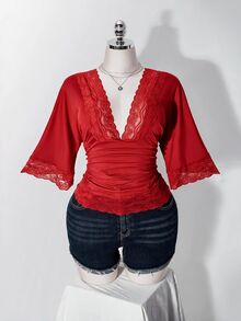 SHEIN ICON 女款大尺碼復古性感千禧風Y2K簡約休閒優雅通勤都市現代蕾絲P - 紅色 - 查看 7