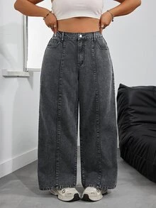 SHEIN PETITE CURVE 大尺碼女款休閒日常牛仔褲，附口袋與鈕扣設計 - 灰色 - 查看 4