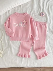 SHEIN Baby Girl Sweater Set, Light Pink Round Neck Top With 3D Floral And Twisted Letter Design + Coffee Flared Pants, Matching Soft Knit, Family Autumn - Baby Pink - View 1