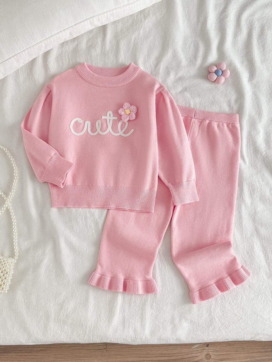 SHEIN Baby Girl Sweater Set, Light Pink Round Neck Top With 3D Floral And Twisted Letter Design + Coffee Flared Pants, Matching Soft Knit, Family Autumn - Baby Pink - View 1
