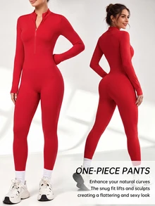 SHEIN Core Rhythm Women's Casual Zip-Up Half-Placket Long Sleeve Sports Jumpsuit - Red - View 3