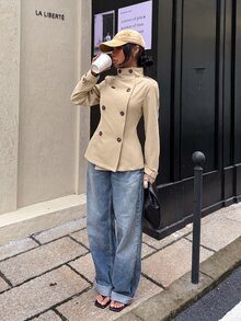 Muchica 女款梭織素色雙排扣風衣外套，秋季 - 駝色 - 查看 3