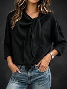 SHEIN 女款純色休閒百搭日常穿著襯衫 - 黑色 - 查看 5