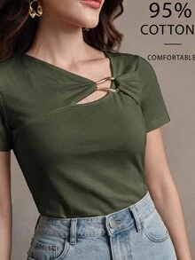 Anewsta 女款優雅 95% 棉純色不對稱領口短袖修身 T 恤，極簡休閒百搭，適合夏秋季節 - 軍綠色 - 查看 2