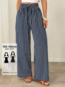 SHEIN PETITE Women's Casual Striped Pants, Clothing, Fall Wear Beach Blue White Stripe - Navy Blue - View 6