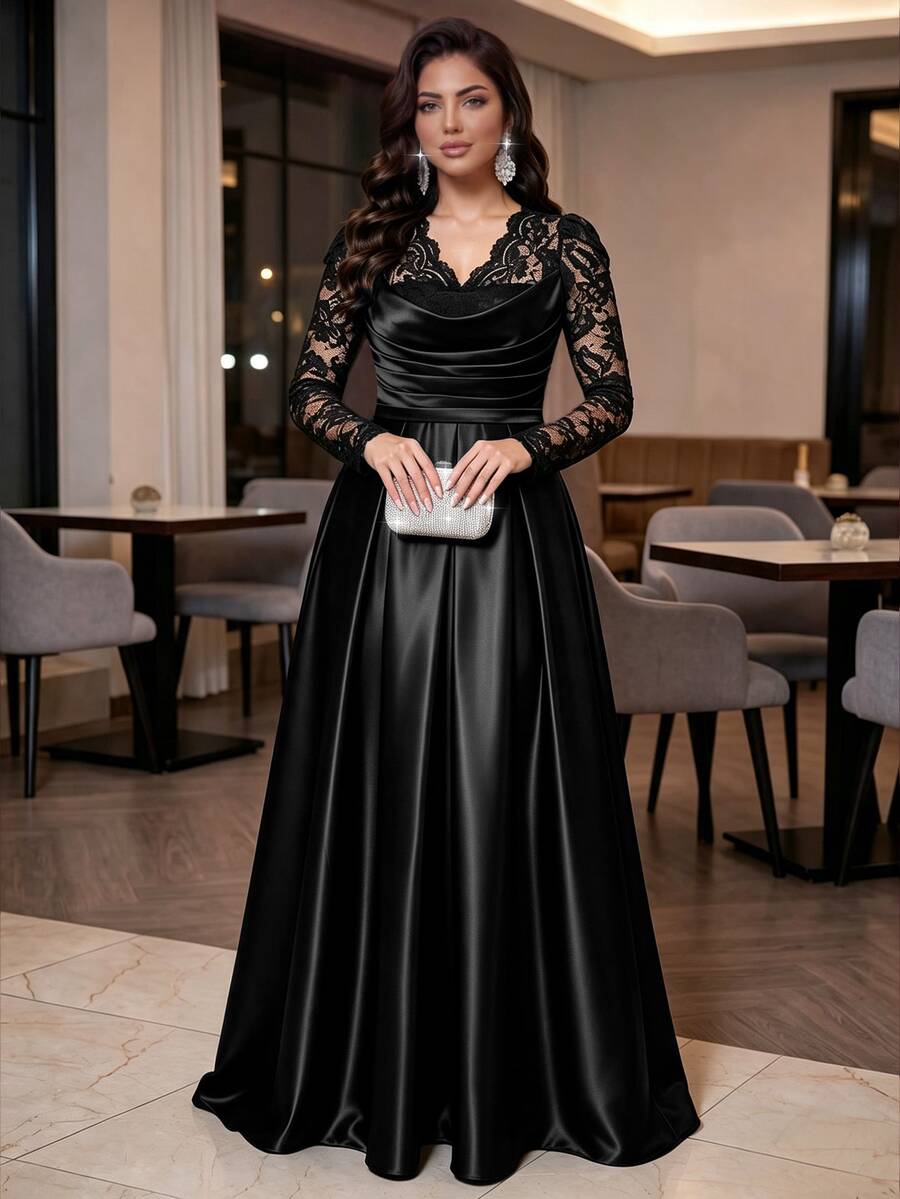 Auveirra Plus Size Women's Lace Patchwork Pleated Elegant Waist-Cinching Party Dress Fall - Black - View 1