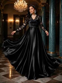 Auveirra Plus Size Women's Lace Patchwork Pleated Elegant Waist-Cinching Party Dress Fall - Black - View 7