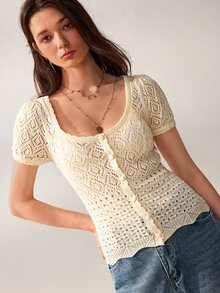 Willow Rêve Women's Cream Fitted Short Sleeve Cardigan, Hollow Knit, Button Front With Geometric Pattern Design, Romantic Bohemian Pastoral Style, Suitable For Spring Date Outfits - Cream - View 3