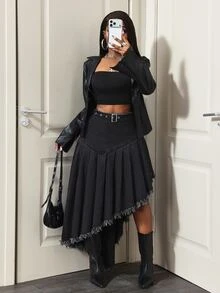 Slaydiva Women's Frayed Hem Casual Daily Denim Skirt - Black - View 6