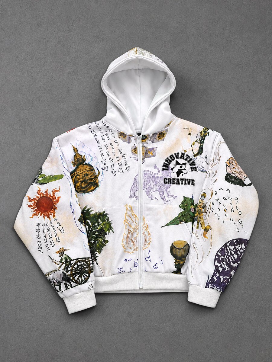 ROMWE MEN Printed Pattern Loose Fit Open Front Hooded Sweatshirt, Streetwear Vintage - Multicolor - View 1