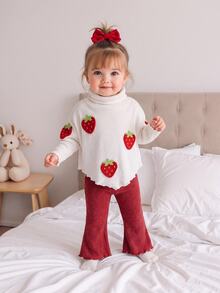 SHEIN 2pcs Multicolor Baby Girl Sweet Strawberry Embroidery Turtleneck Top Ruffle Flare Pants Set Fall - Red - View 1
