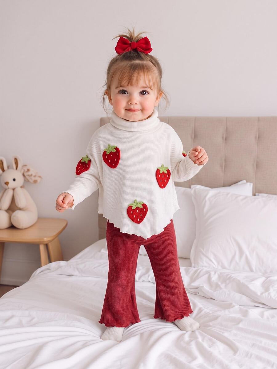 SHEIN 2pcs Multicolor Baby Girl Sweet Strawberry Embroidery Turtleneck Top Ruffle Flare Pants Set Fall - Red - View 1