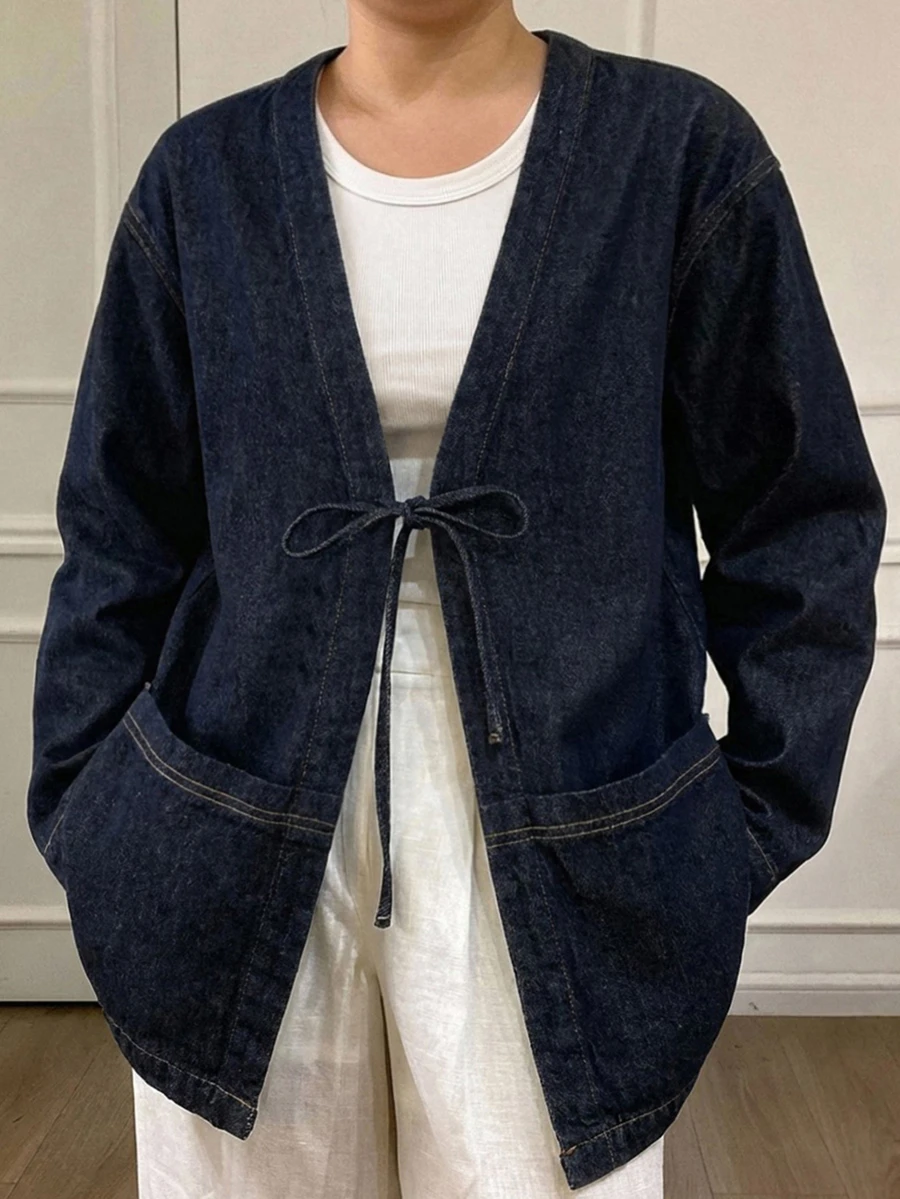Dazy Plus Dark Wash Vintage Loose Fit Tie-Up Large Pocket Blogger Style Spring/Autumn New Denim Jacket - Dark Wash - View 1