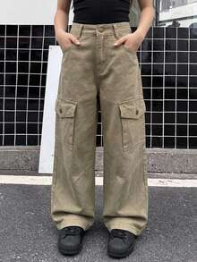 Dazy Kids Tween Girl) Regular Casual Cargo Pants Straight Leg Autumn/Winter Army Green Denim - Army Green - View 5