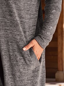 EMERY ROSE Jaket Lengan Panjang Berkerudung Ukuran Besar Warna Abu-abu Polos dengan Patchwork Renda Bergaris dan Kantong, Koleksi Musim Gugur/Musim Dingin 2026 - Grey - View 8