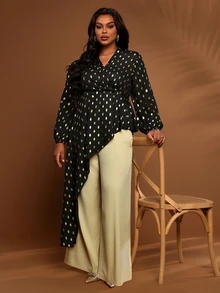 BrightlyHer Set 2 Potong Atasan dan Celana Ukuran Besar Motif Allover Leher V Lengan Panjang Depan Silang Asimetris Musim Gugur & Dingin 2026 - Hitam - View 5