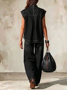 Balvessa Women's Stand Collar Cap Sleeve Casual Loose Denim Top - Black - View 2