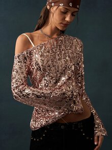Bohemela Atasan Fashion Wanita Warna Polos Lengan Panjang Bahu Asimetris dengan Payet - Dusty Pink - View 6