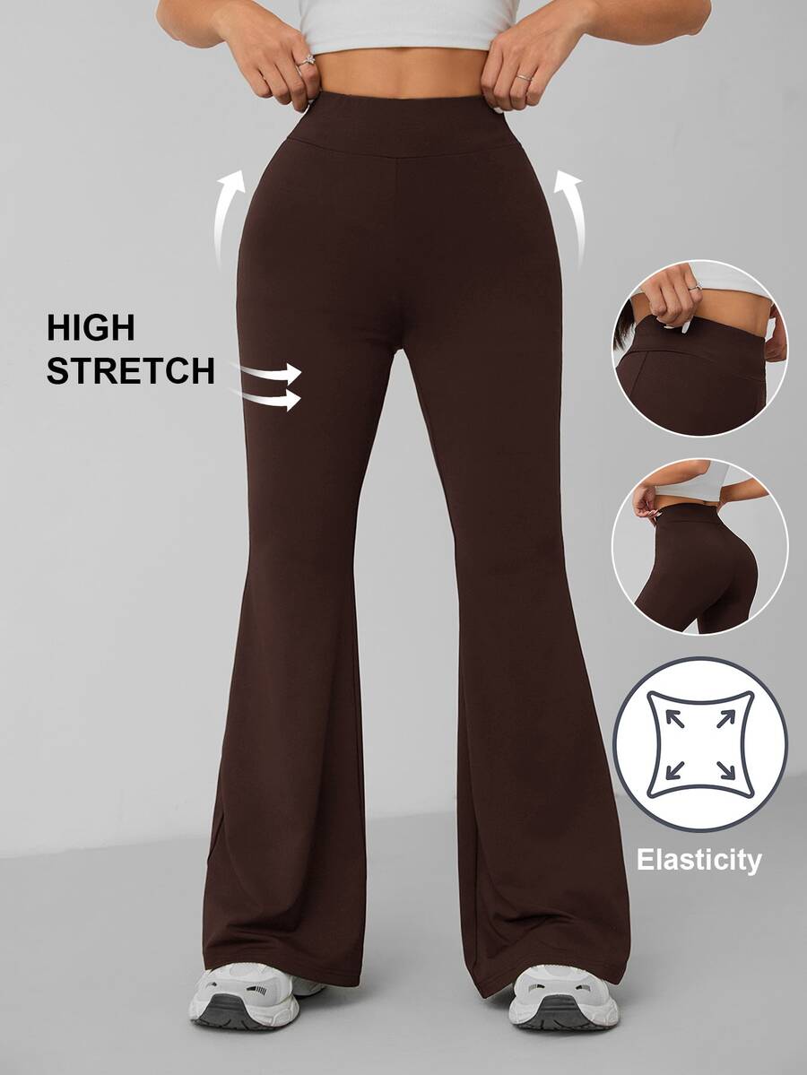 SHEIN PETITE 女款純色極簡高腰喇叭長褲,適合日常穿著 - 咖啡棕 - 查看 1
