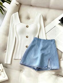 SHEIN Raffinéa Women's Button Design White T-Shirt And Skirt Pants 2 Pieces Set, Holiday Office, Festival Outfit - Blue and White - View 5