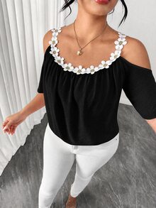 Elenzga Plus Size Round Neck Patchwork Lace Collar Cold Shoulder Short Sleeve Meteor Pleated Texture Pink Blouse - Black - View 5