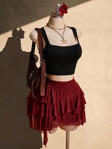 SHEIN ICON 女款大尺碼綁帶荷葉邊下擺迷你裙 - 酒紅色 - 查看 6