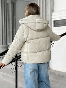 Pariaura Hooded Padded Coat, Loose Fit, Versatile All-Match Style, Minimalist Quilted Check Pattern, Double Zipper Pockets, Lightweight Daily Commute Outerwear - White - View 2