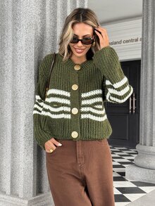 Pariaura American Style Contrast White Striped Slouchy Chunky Knit Round Neck Metal Button Lantern Sleeve Short Button-Up Cardigan - Army Green - View 1