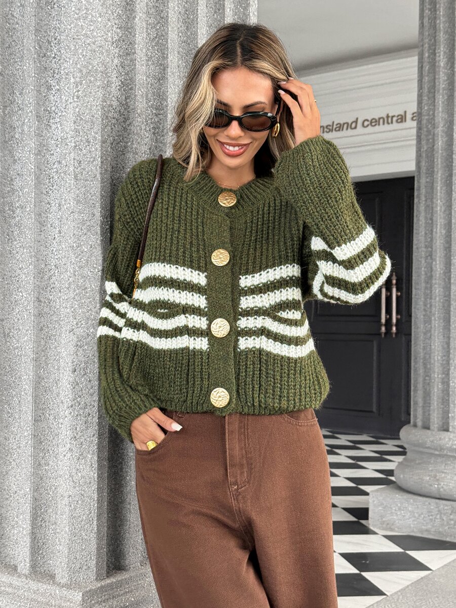 Pariaura American Style Contrast White Striped Slouchy Chunky Knit Round Neck Metal Button Lantern Sleeve Short Button-Up Cardigan - Army Green - View 1