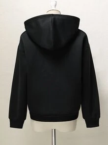 1件青少年女孩酷街頭風豹紋連帽夾克，寬鬆拉鍊運動衫，適合日常上學與外出，秋季 - 黑色 - 查看 2