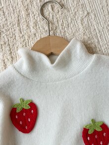 SHEIN 2pcs Multicolor Baby Girl Sweet Strawberry Embroidery Turtleneck Top Ruffle Flare Pants Set Fall - Red - View 5