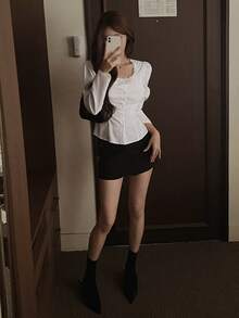 DAZY 純色領口修身短袖白色女款襯衫 - 白色 - 查看 8