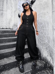 Jeanoix Y2K Plus Size Women's Outdoor Fashion Metal Rivet Button Decor Street Style Blue Black Denim Jumpsuit - Dark Wash - View 1