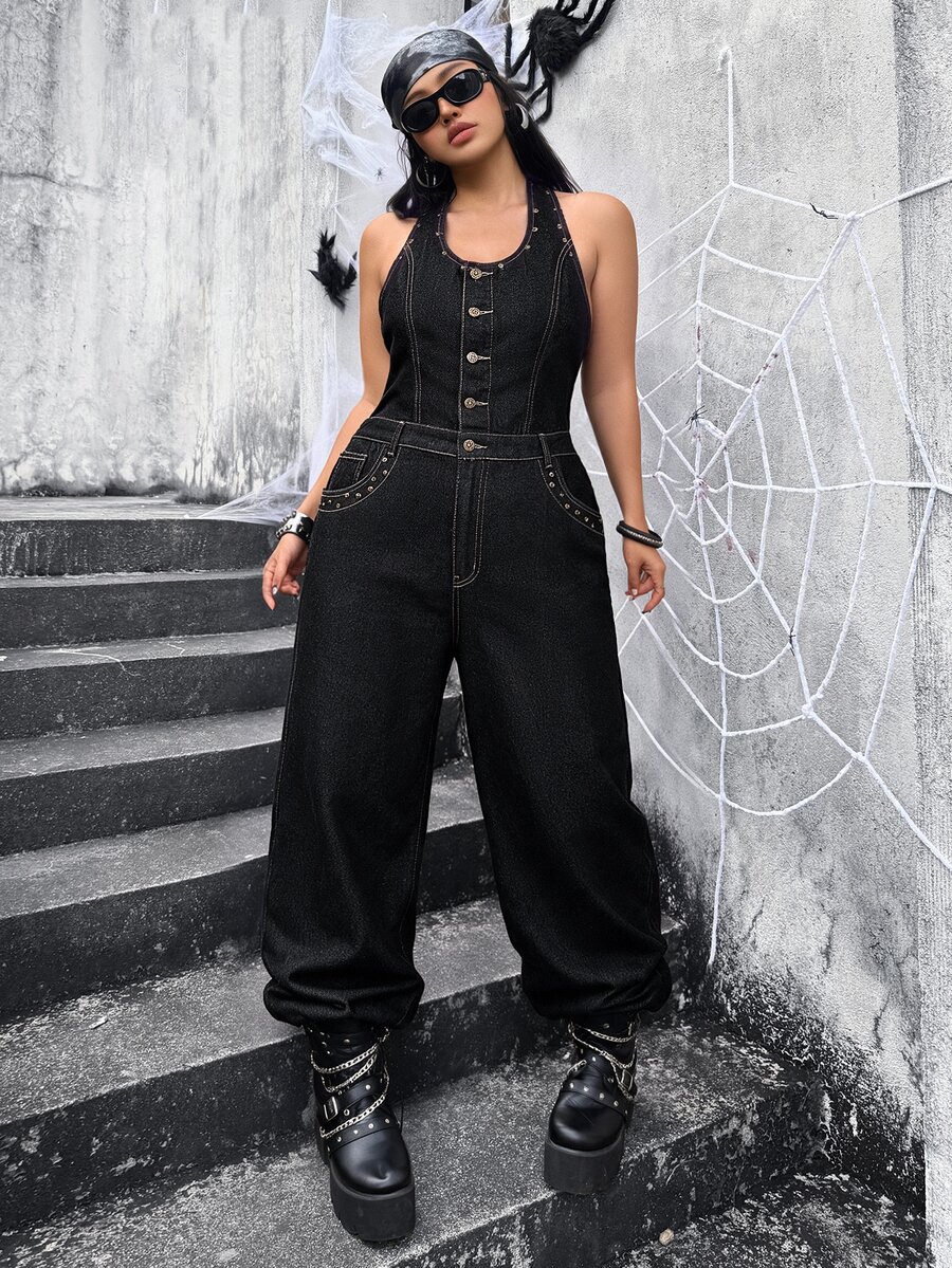 Jeanoix Y2K Plus Size Women's Outdoor Fashion Metal Rivet Button Decor Street Style Blue Black Denim Jumpsuit - Dark Wash - View 1