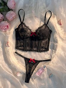 Crystal Vow 2pcs Women's Lace Lingerie Set - Black - View 1