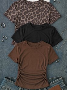 Tween Girls Simple Round Neck Ruched Waist Fitted Short Sleeve 3 Pieces T-Shirt Set, Versatile Style For Spring And Summer - Multicolor - View 4