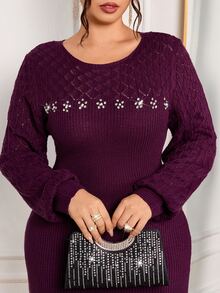 Modelyn Plus Size Fashion Vintage Rhinestone Long Sleeve Sweater Dress - Red Violet - View 3