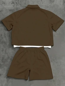 Manfinity EMRG Men's Letter Print Short Sleeve Short Shirt And Drawstring Waist Shorts Casual Set - Multicolor - View 2