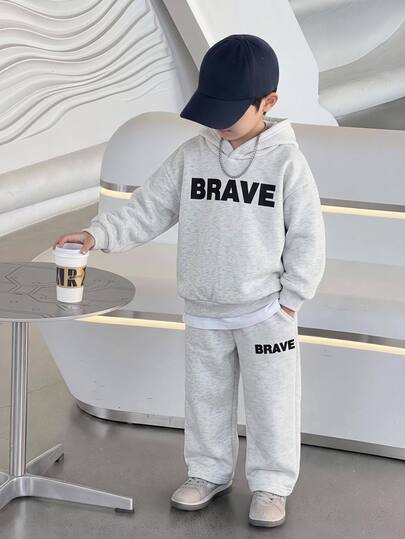SHEIN 2pcs Young Boys Casual Streetwear Korean Style Snowflake Print Hooded Long Sleeve Sweatshirt And Solid Color Elastic Waist Sweatpants Set, Suitable For Back To School, Birthday, Baby Shower, Holiday Party, Autumn/Winter