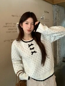DAZY Cream White Round Neck Black Polka Dot Bow Decor Contrast Trim Loose Long Sleeve Sweet Knit Sweater - White - View 2