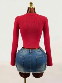 Mistrie Burgundy Ribbed Square Neck Long Sleeve Knit Crop Top With Metal Buckle Thin Strap Slim Fit Exposed Waist Sexy Knit Sweater - Burgundy - View 10