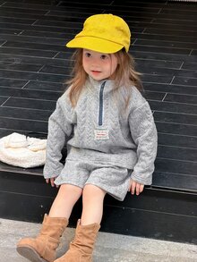Dazy Kids Set Sweatshirt Lengan Panjang Berkerah Pita untuk Bayi/Balita (Perempuan) Musim Gugur/Dingin - Grey - View 1