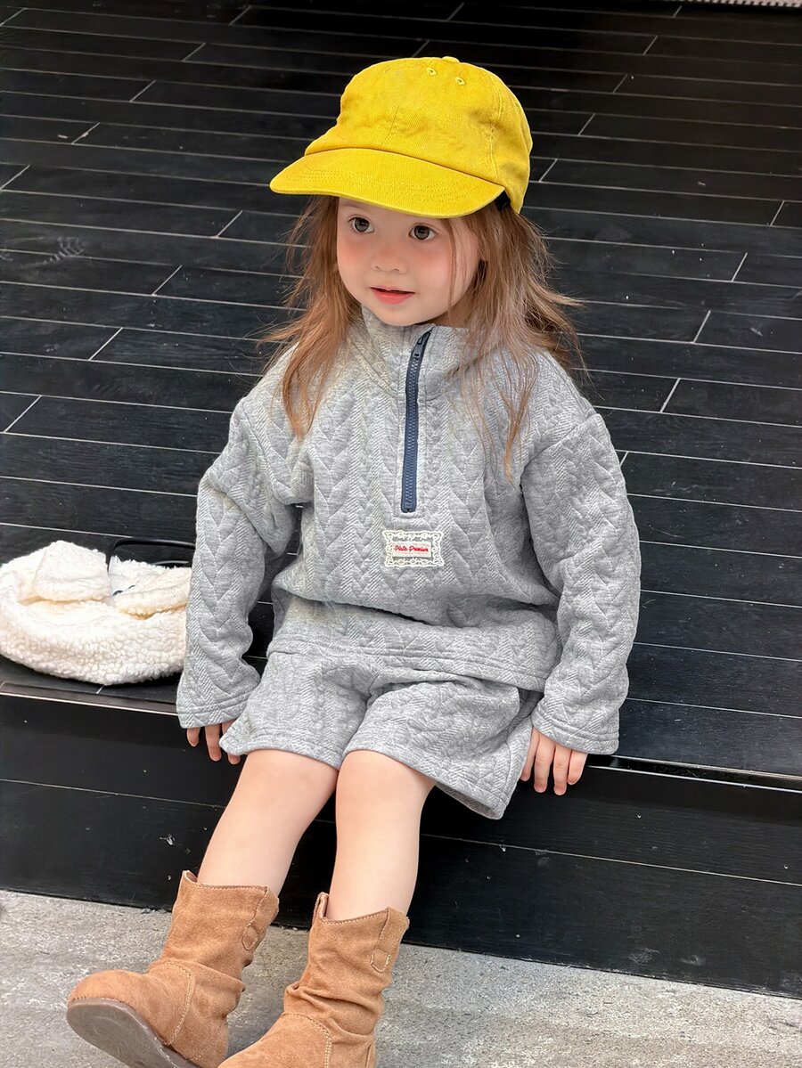 Dazy Kids Set Sweatshirt Lengan Panjang Berkerah Pita untuk Bayi/Balita (Perempuan) Musim Gugur/Dingin - Grey - View 1