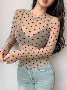 DAZY 女款透視蕾絲圓領修身套頭T恤上衣 - 咖啡棕 - 查看 8