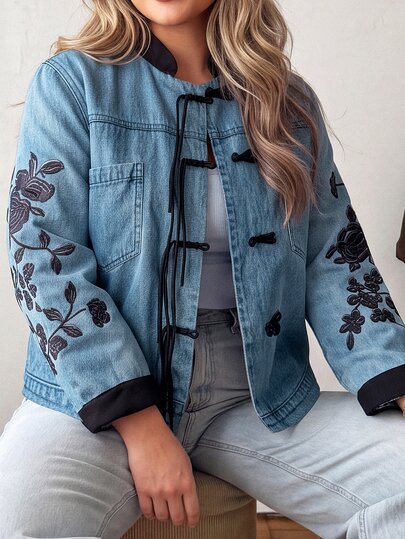 Vionelle Veste ample à manches longues pour femmes grandes tailles, nouvelle mode décontractée, bleu, petit col montant, imprimé denim, boutons, couleur contrastée