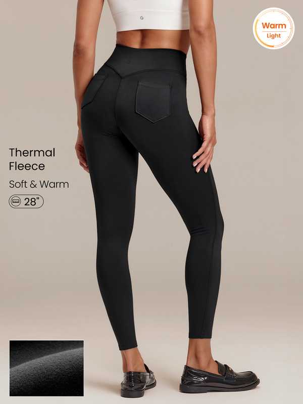 GLOWMODE 28" FeatherFit™-Warm Get To Work High-Waist Pull-On Work-Pant Leggings With Faux Placket & Back Pockets Yoga Studio Daily Fall Winter Wear